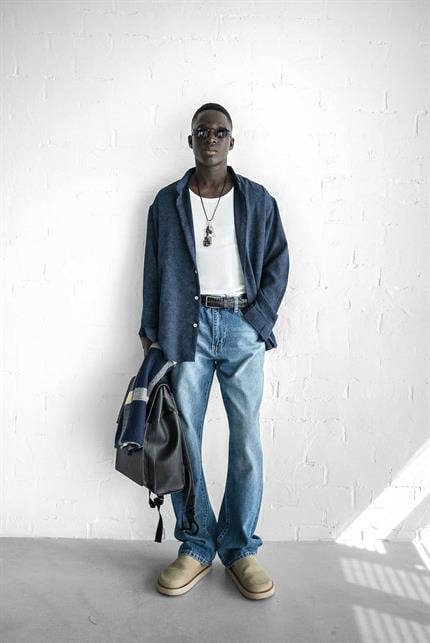 Erkek Uzun Kollu Desenli Oversize Gömlek Lacivert