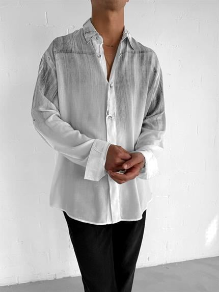 Erkek Uzun Kollu Desenli Oversize Gömlek Ekru