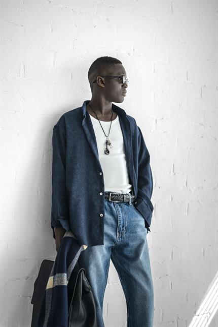 Erkek Uzun Kollu Desenli Oversize Gömlek Lacivert