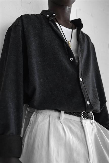 Erkek Uzun Kollu Desenli Oversize Gömlek Siyah