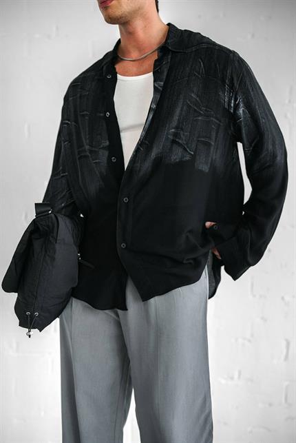 Erkek Uzun Kollu Desenli Oversize Gömlek Siyah