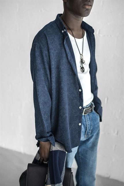 Erkek Uzun Kollu Desenli Oversize Gömlek Lacivert