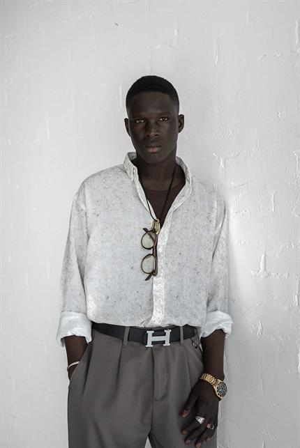 Erkek Uzun Kollu Desenli Oversize Gömlek Ekru