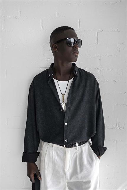 Erkek Uzun Kollu Desenli Oversize Gömlek Siyah