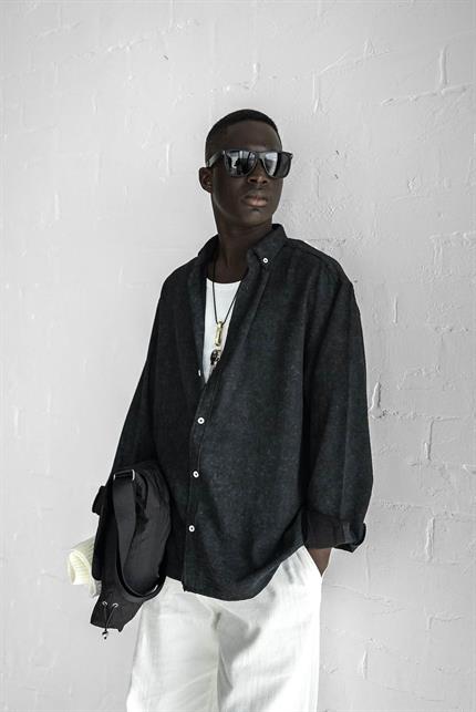 Erkek Uzun Kollu Desenli Oversize Gömlek Siyah