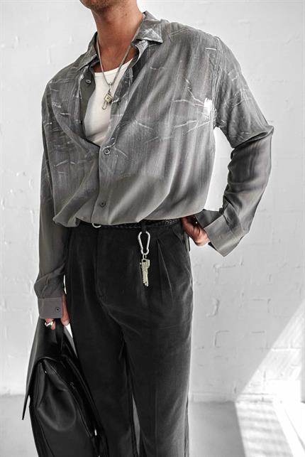 Erkek Uzun Kollu Desenli Oversize Gömlek Antrasit