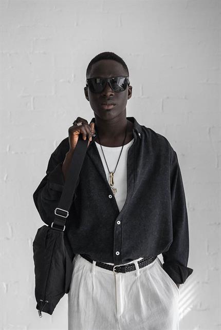 Erkek Uzun Kollu Desenli Oversize Gömlek Siyah