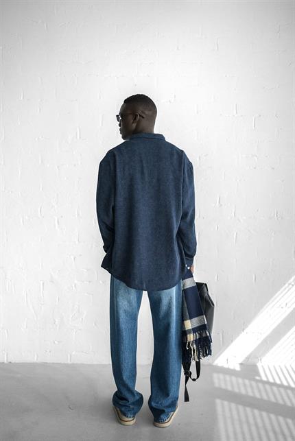 Erkek Uzun Kollu Desenli Oversize Gömlek Lacivert