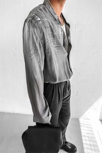 Erkek Uzun Kollu Desenli Oversize Gömlek Antrasit