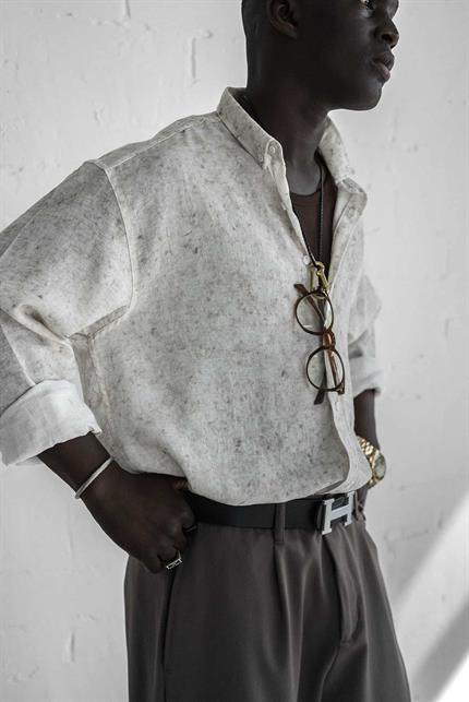 Erkek Uzun Kollu Desenli Oversize Gömlek Ekru