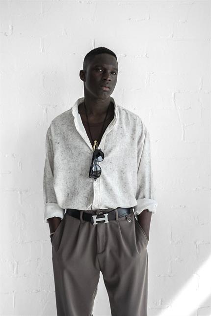 Erkek Uzun Kollu Desenli Oversize Gömlek Ekru