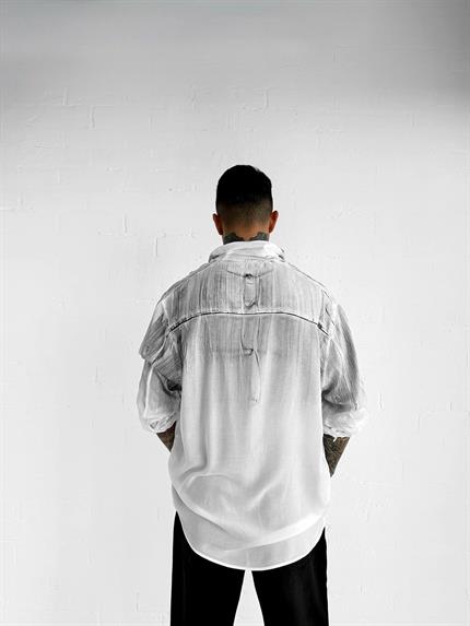 Erkek Uzun Kollu Desenli Oversize Gömlek Ekru