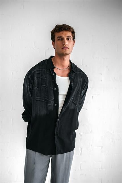 Erkek Uzun Kollu Desenli Oversize Gömlek Siyah