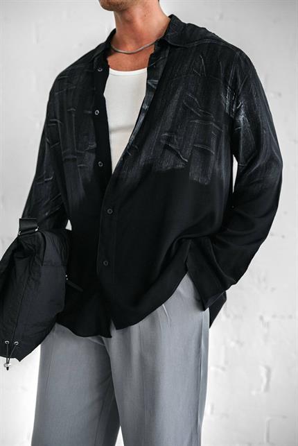 Erkek Uzun Kollu Desenli Oversize Gömlek Siyah