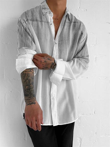 Erkek Uzun Kollu Desenli Oversize Gömlek Ekru