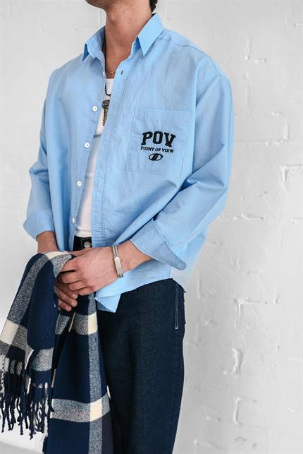 Erkek Uzun Kollu Nakiş İşlemeli Oversize Gömlek Mavi