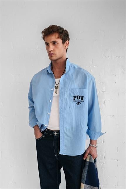 Erkek Uzun Kollu Nakiş İşlemeli Oversize Gömlek Mavi