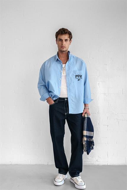 Erkek Uzun Kollu Nakiş İşlemeli Oversize Gömlek Mavi