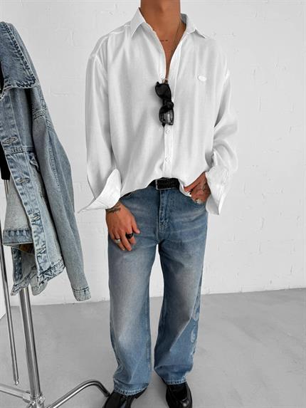 Erkek Uzun Kollu Rahat Kesim Oversize İnce Gömlek Beyaz