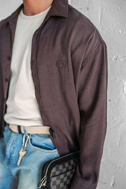 Erkek Uzun Kollu Rahat Kesim Oversize İnce Gömlek Kahverengi