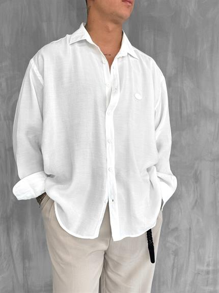 Erkek Uzun Kollu Rahat Kesim Oversize İnce Gömlek Beyaz
