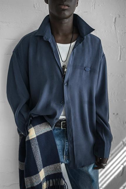 Erkek Uzun Kollu Rahat Kesim Oversize İnce Gömlek Lacivert