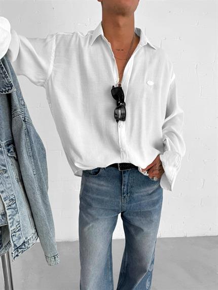 Erkek Uzun Kollu Rahat Kesim Oversize İnce Gömlek Beyaz