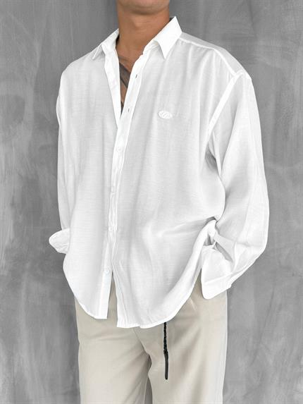 Erkek Uzun Kollu Rahat Kesim Oversize İnce Gömlek Beyaz
