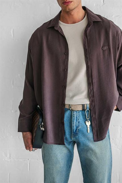 Erkek Uzun Kollu Rahat Kesim Oversize İnce Gömlek Kahverengi