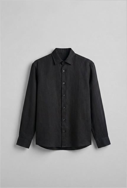 Erkek Uzun Kollu Regular Fit %100 Keten Gömlek Siyah