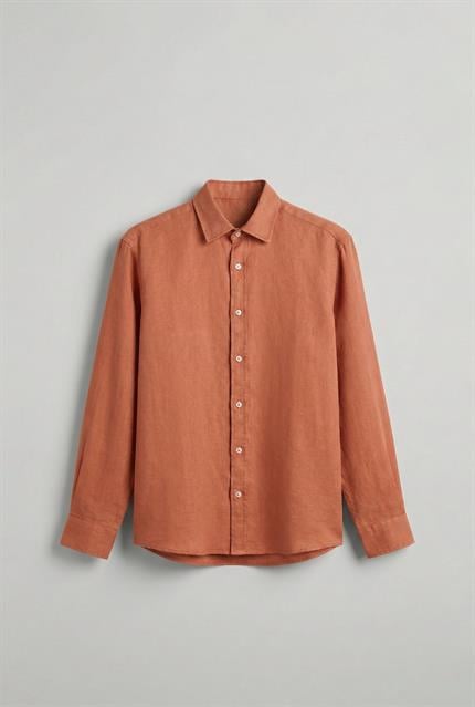 Erkek Uzun Kollu Regular Fit %100 Keten Gömlek Turuncu