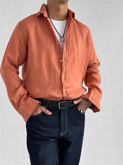 Erkek Uzun Kollu Regular Fit %100 Keten Gömlek Turuncu