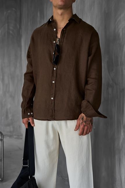 Erkek Uzun Kollu Regular Fit %100 Keten Gömlek Kahverengi