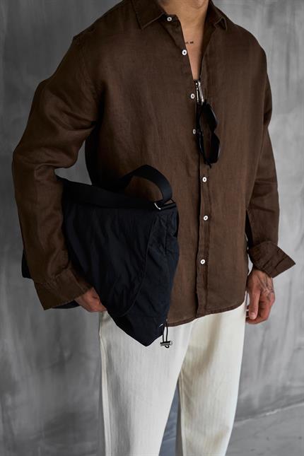 Erkek Uzun Kollu Regular Fit %100 Keten Gömlek Kahverengi