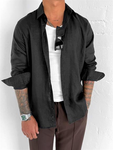 Erkek Uzun Kollu Regular Fit %100 Keten Gömlek Siyah