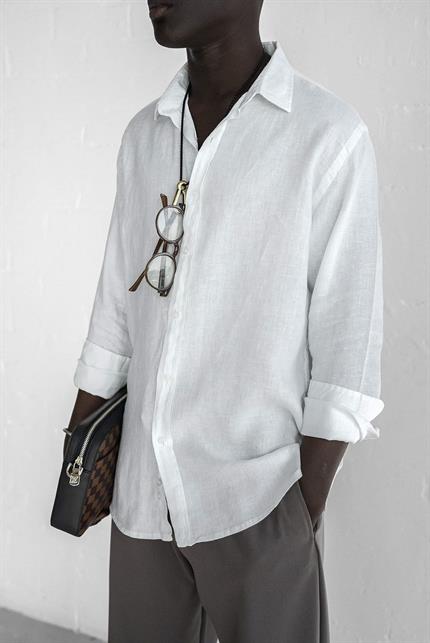 Erkek Uzun Kollu Regular Fit %100 Keten Gömlek Beyaz