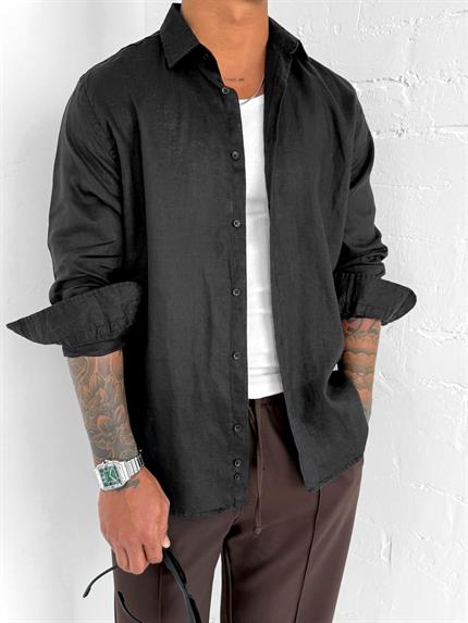 Erkek Uzun Kollu Regular Fit %100 Keten Gömlek Siyah
