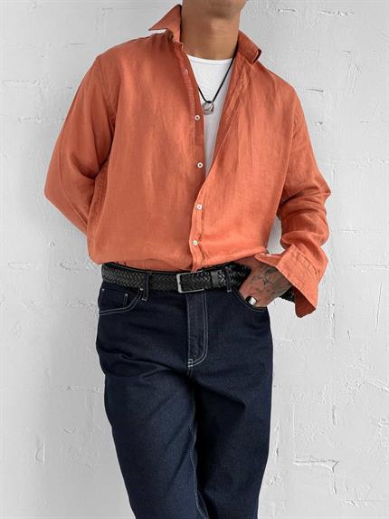 Erkek Uzun Kollu Regular Fit %100 Keten Gömlek Turuncu