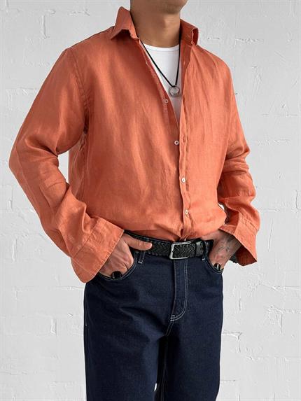 Erkek Uzun Kollu Regular Fit %100 Keten Gömlek Turuncu