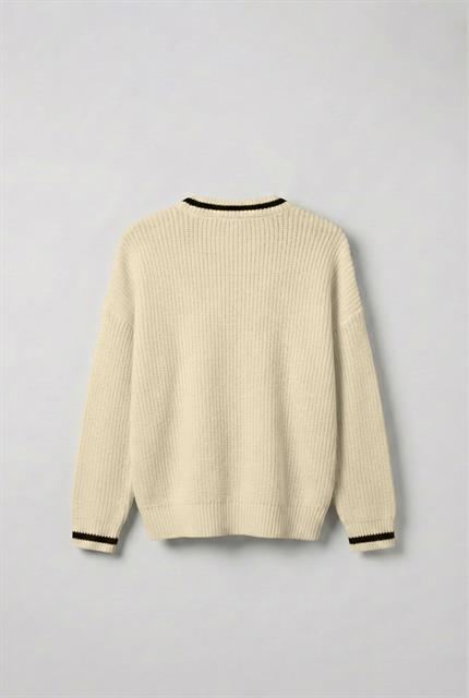 Erkek V Yaka Oversize Kontrast Detaylı Kazak Bej