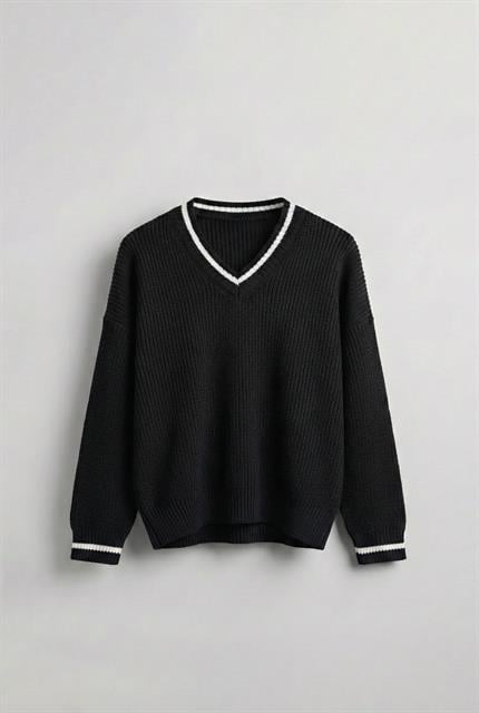 Erkek V Yaka Oversize Kontrast Detaylı Kazak Siyah