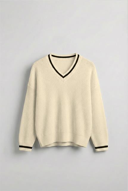 Erkek V Yaka Oversize Kontrast Detaylı Kazak Bej