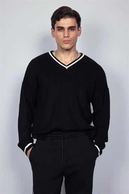 Erkek V Yaka Oversize Kontrast Detaylı Kazak Siyah