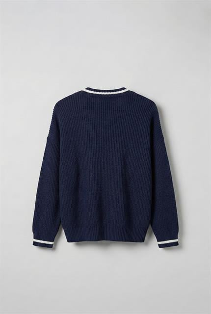 Erkek V Yaka Oversize Kontrast Detaylı Kazak Lacivert