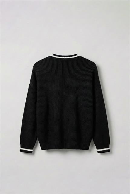 Erkek V Yaka Oversize Kontrast Detaylı Kazak Siyah