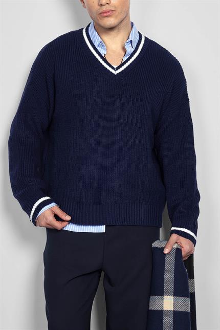 Erkek V Yaka Oversize Kontrast Detaylı Kazak Lacivert