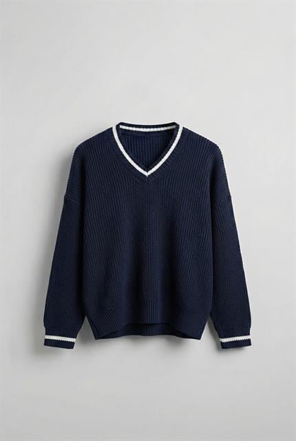 Erkek V Yaka Oversize Kontrast Detaylı Kazak Lacivert