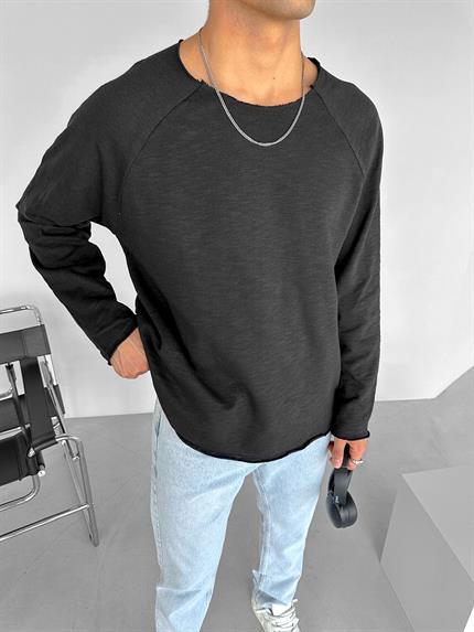 Erkek Geniş Yaka Uzun Kollu Basic Sweatshirt Siyah