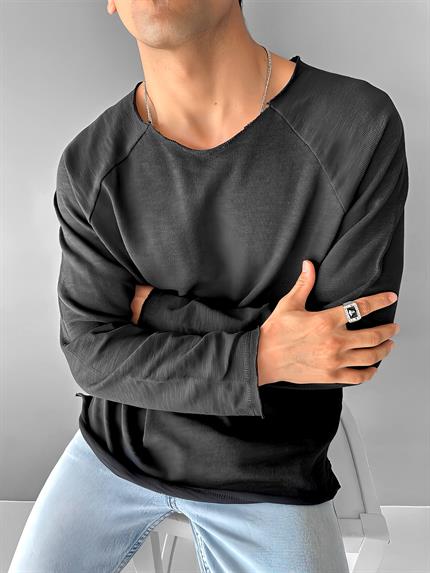 Erkek Geniş Yaka Uzun Kollu Basic Sweatshirt Siyah