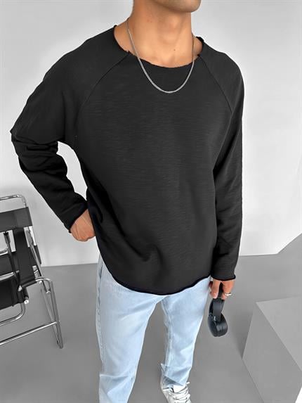Erkek Geniş Yaka Uzun Kollu Basic Sweatshirt Siyah